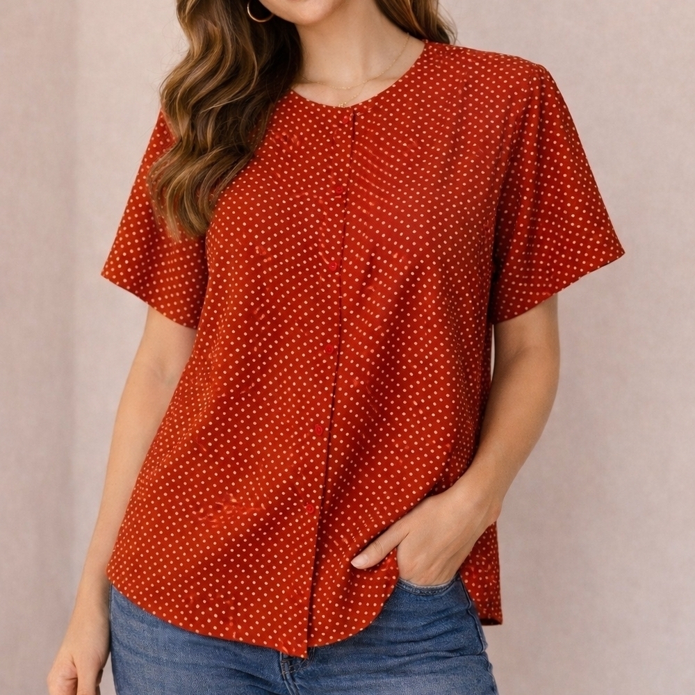 VTG OSCAR DE LA RENTA 1980s Tomato Red Polka Dot Snap Short Sleeve Blouse